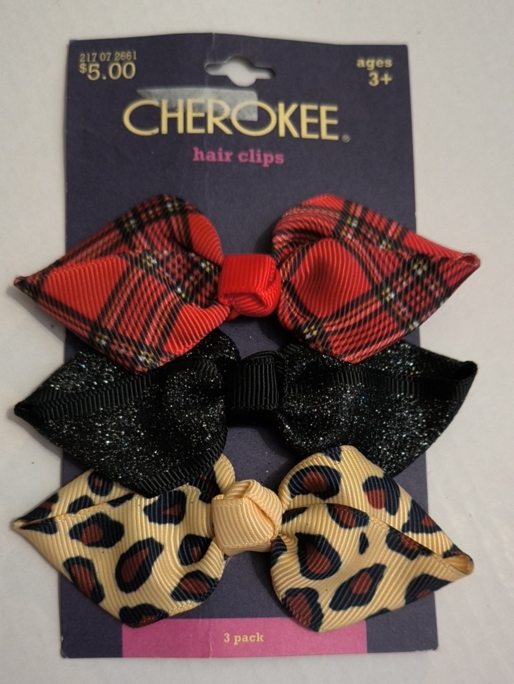 Cherokee Kids 3-Pack Bow Hair Clips - Red Plaid, Black Glitter, Cream Leopard